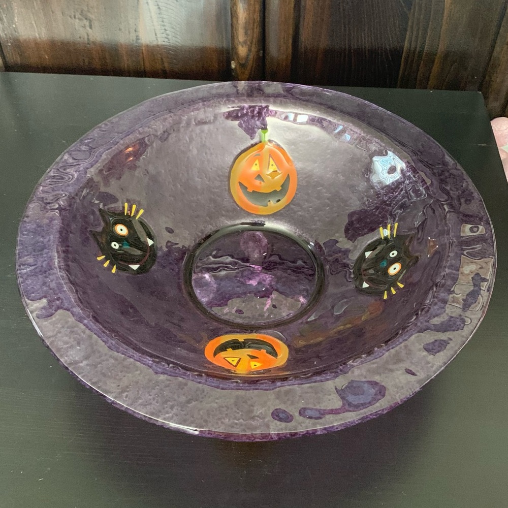 Vintage Purple Glass Halloween Bowl Jack O’Lanterns Black Cats